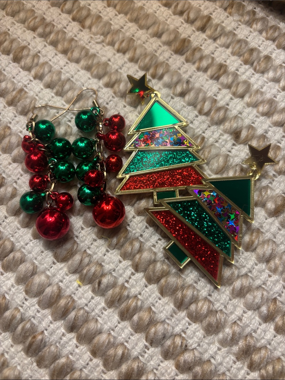 Festive Red & Green Christmas Tree Brooch and Jingle Bell Earrings